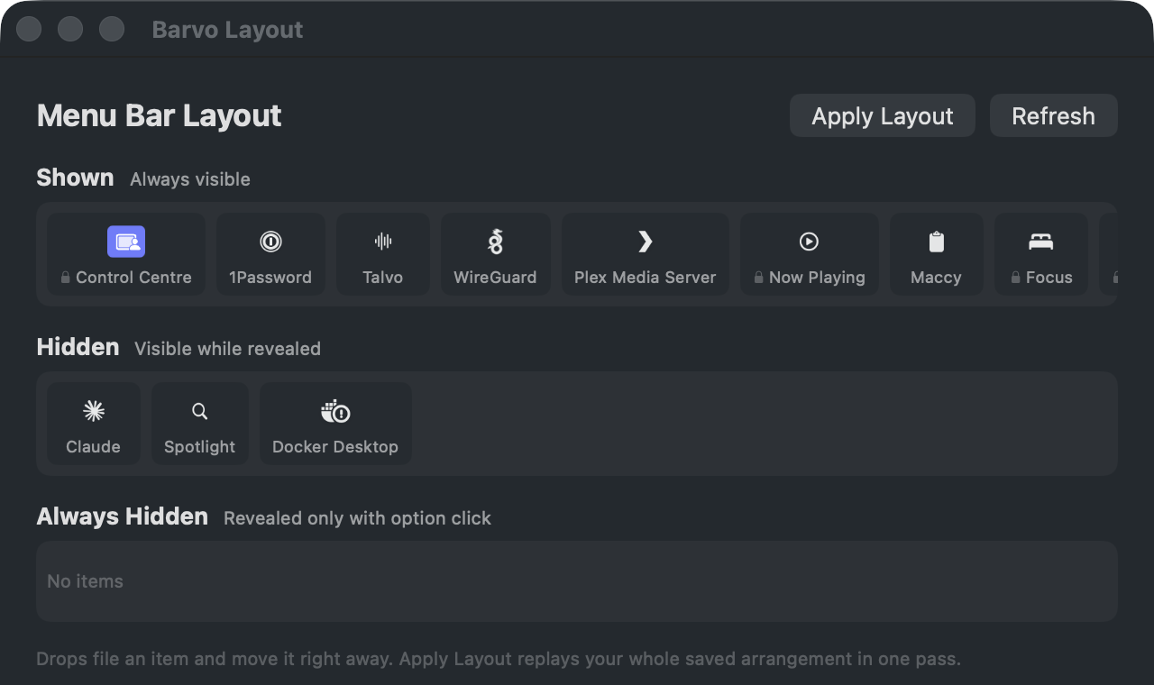 Barvo's layout window: rows for Shown, Hidden, and Always Hidden items with real menu bar icons and an Apply Layout button.